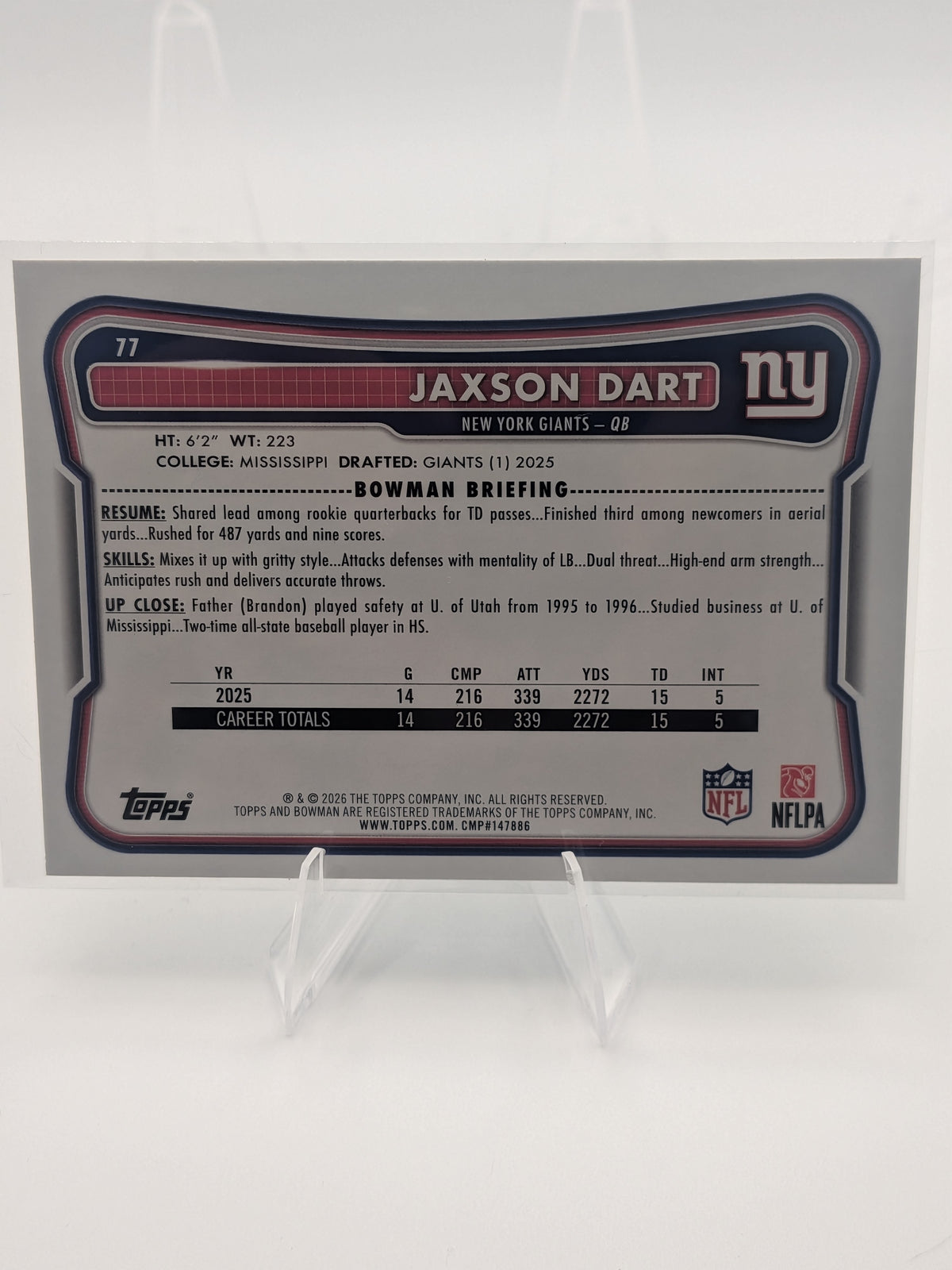 Topps Bowman 2026 Jaxson Dart New York Giants #77 Green 114/199